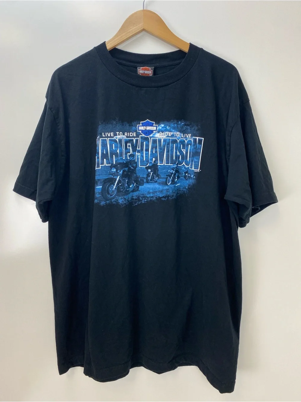 Harley-Davidson Black T-Shirt with Blue Motorcycle Graphic